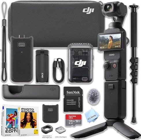 مجموعة DJI Osmo Pocket 3 Creator Combo مع جهاز إرسال/مسجل بمشبك وعدسة زاوية واسعة ومقبض بطارية وحامل ثلاثي صغير وحقيبة حمل + بطاقة Micro SD سعة 128 جيجابايت وMonopod وبرنامج Movavi in Saudi Arabia