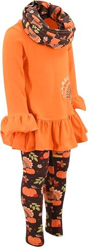 Unique Baby Girls Kids Toddler 3pc Outfit Set Long Sleeve Ruffled Hemline Tunic Top Leggings and Scarf in Saudi Arabia