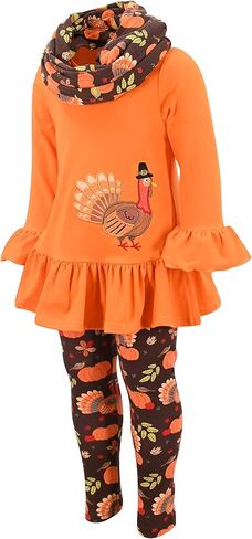 Unique Baby Girls Kids Toddler 3pc Outfit Set Long Sleeve Ruffled Hemline Tunic Top Leggings and Scarf in Saudi Arabia