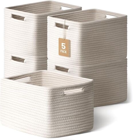 5 Pack White Woven Storage Baskets for Shelves, Decorative Basket Organizer Storage Bins for Toys, Books, Clothes, Closet, Nursery, Bathroom – Cotton Rope Shelf Baskets for Organizing and Decor in Saudi Arabia