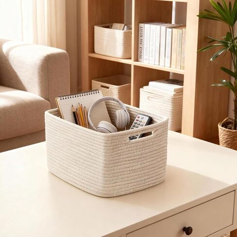5 Pack White Woven Storage Baskets for Shelves, Decorative Basket Organizer Storage Bins for Toys, Books, Clothes, Closet, Nursery, Bathroom – Cotton Rope Shelf Baskets for Organizing and Decor in Saudi Arabia