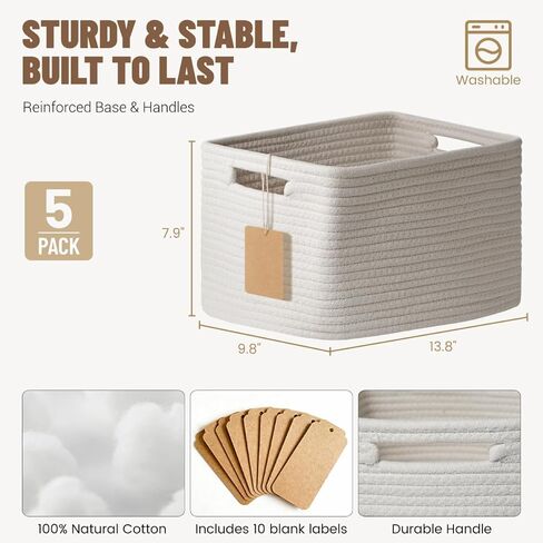 5 Pack White Woven Storage Baskets for Shelves, Decorative Basket Organizer Storage Bins for Toys, Books, Clothes, Closet, Nursery, Bathroom – Cotton Rope Shelf Baskets for Organizing and Decor in Saudi Arabia