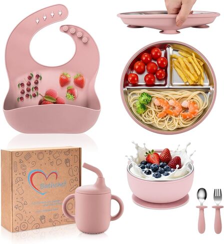 Toddler Plates and Bowls Set Stainless Steel - Bathchef Baby Feeding Set Strong Suction, BPA Free Durable Divided Plates, Safe Self Baby Feeding Utensils,Cup,Spoon,Fork,Dishwasher Safe,6pcs,Blue in Saudi Arabia