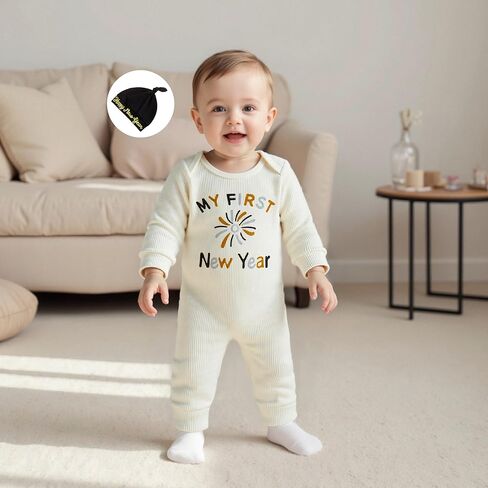 Gueuusu Baby Boy My 1st New Year Outfit Infant Romper Crewneck Long Sleeve Jumpsuit with Hat Newborn Clothes in Saudi Arabia