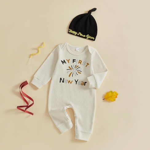 Gueuusu Baby Boy My 1st New Year Outfit Infant Romper Crewneck Long Sleeve Jumpsuit with Hat Newborn Clothes in Saudi Arabia