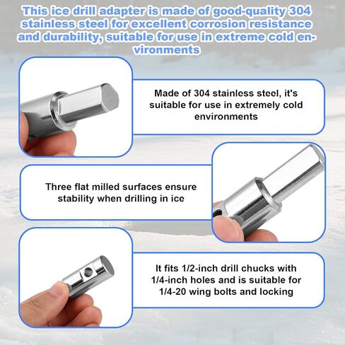 Ice Auger Drill Bit Adapter, Stainless Steel Ice Auger Drill Attachment Fit for 1/2 inch/ 1.27 cm & 1/4 inch/0.64 cm Holes Winter Fishing Tool Compatible with Strikemaster, Eskimo, etc in Kuwait