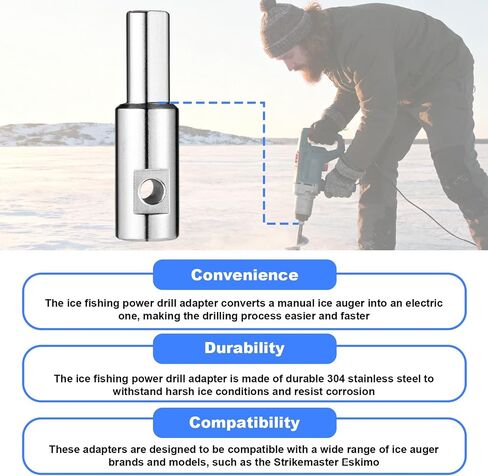 Ice Auger Drill Bit Adapter, Stainless Steel Ice Auger Drill Attachment Fit for 1/2 inch/ 1.27 cm & 1/4 inch/0.64 cm Holes Winter Fishing Tool Compatible with Strikemaster, Eskimo, etc in Kuwait