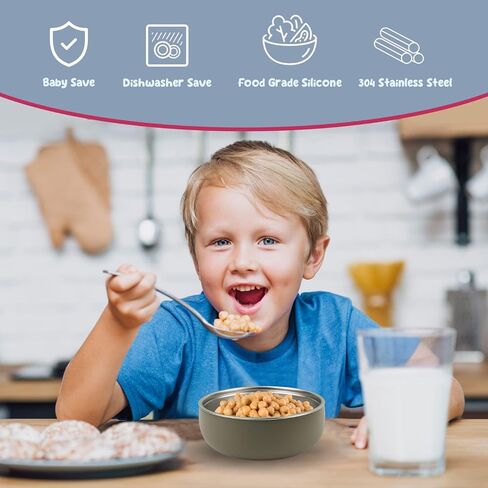 أوعية من الفولاذ المقاوم للصدأ مع أكمام سيليكون ناعمة قابلة للإزالة | خالية من البيسفينول أ، وغير سامة، وغير قابلة للانزلاق، وتبقى ثابتة | مثالي للأطفال والأطفال الصغار والرضع | مثالية للحبوب والوجبات الخفيفة والوجبات | 4 عبوات in Kuwait
