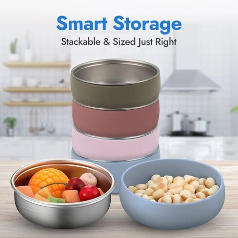 أوعية من الفولاذ المقاوم للصدأ مع أكمام سيليكون ناعمة قابلة للإزالة | خالية من البيسفينول أ، وغير سامة، وغير قابلة للانزلاق، وتبقى ثابتة | مثالي للأطفال والأطفال الصغار والرضع | مثالية للحبوب والوجبات الخفيفة والوجبات | 4 عبوات in Kuwait