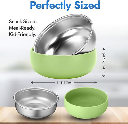 Stainless Steel Bowls with Removable Soft Silicone Sleeves | BPA-Free, Non-Toxic, Non-Slip, Stay-Put | Perfect for Kids, Toddlers & Babies | Ideal for Cereal, Snacks & Meals | 4 Pack in Saudi Arabia
