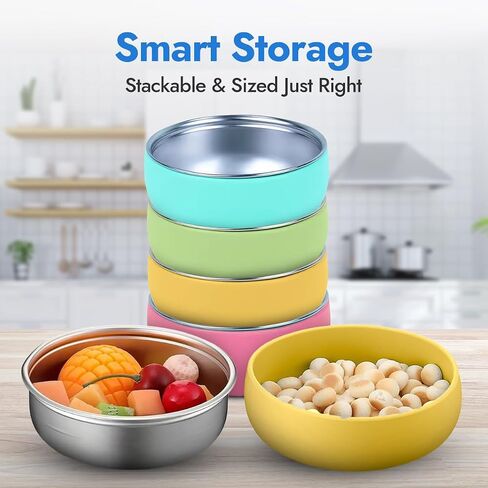 Stainless Steel Bowls with Removable Soft Silicone Sleeves | BPA-Free, Non-Toxic, Non-Slip, Stay-Put | Perfect for Kids, Toddlers & Babies | Ideal for Cereal, Snacks & Meals | 4 Pack in Saudi Arabia