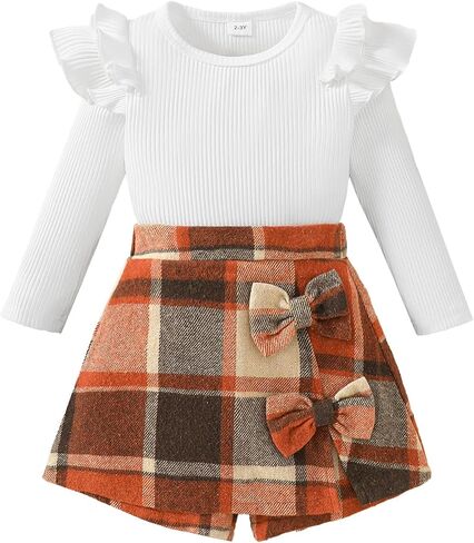 Toddler Girl Plaid Outfits Fall Winter Clothes Girls Knit Ribbed Shirt Tops Plaid Skort Holiday Picture Day Outfit in Saudi Arabia