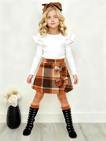 Toddler Girl Plaid Outfits Fall Winter Clothes Girls Knit Ribbed Shirt Tops Plaid Skort Holiday Picture Day Outfit in Saudi Arabia