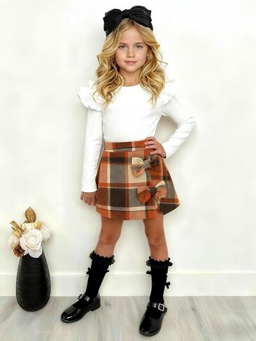 Toddler Girl Plaid Outfits Fall Winter Clothes Girls Knit Ribbed Shirt Tops Plaid Skort Holiday Picture Day Outfit in Saudi Arabia