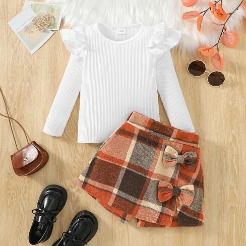 Toddler Girl Plaid Outfits Fall Winter Clothes Girls Knit Ribbed Shirt Tops Plaid Skort Holiday Picture Day Outfit in Saudi Arabia