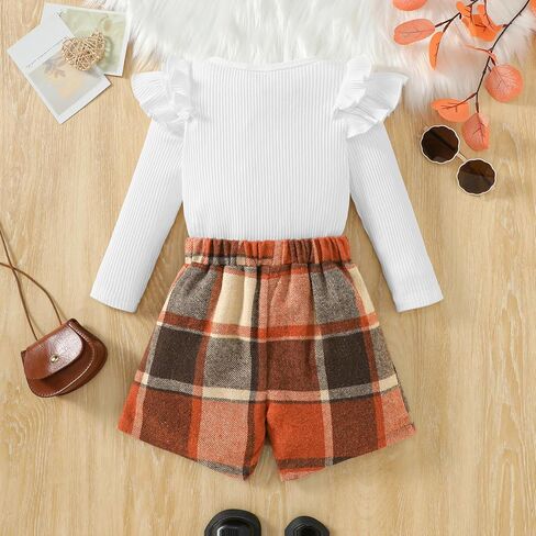 Toddler Girl Plaid Outfits Fall Winter Clothes Girls Knit Ribbed Shirt Tops Plaid Skort Holiday Picture Day Outfit in Saudi Arabia