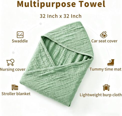Organic Muslin Hooded Baby Bath Towels - 2 Pack 100% Organic Cotton Towel for Babies, Infants, Toddlers - 32x32Inch - Highly Absorbent and Newborn Essential(Grey Blue) in Saudi Arabia