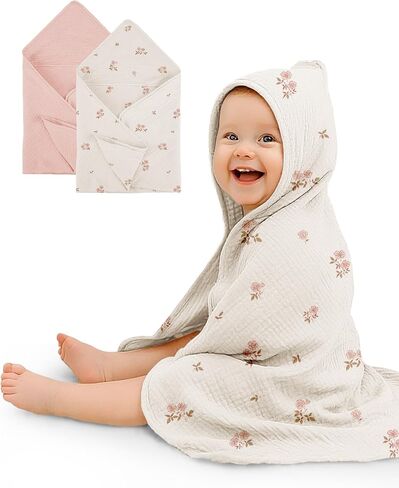Hooded Baby Towels 2 Pack, Muslin Baby Bath Towels with Hood for Newborn Infant and Toddler, Soft Breathable & Absorbent, 32" x 32" (Teddy & Friends, Heavyweight) in Saudi Arabia