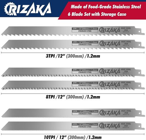 6 Pack Reciprocating Saw Blades for Frozen Meat, Bone, Fish, Ice - 12"(300mm)/1.2mm - 3TPI x 2pcs, 8TPI x 2pcs, 10TPI x 2 pcs - Stainless Steel Sawzal Blades with Storage Box in Saudi Arabia