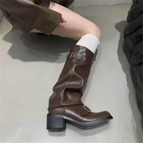 Punk Woman Boots Knee High Platform Chunky Heels Trend Punk Gothic Rock Leather Fashion Women's Shoes Motorcycle Footwear in Saudi Arabia
