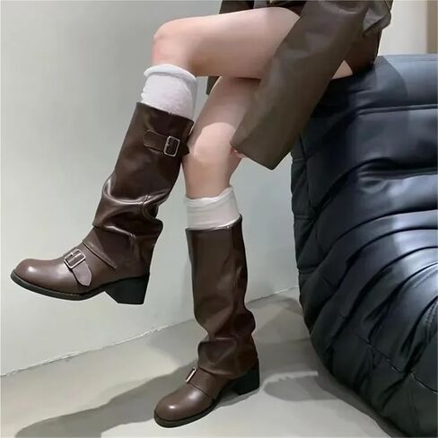 Punk Woman Boots Knee High Platform Chunky Heels Trend Punk Gothic Rock Leather Fashion Women's Shoes Motorcycle Footwear in Saudi Arabia