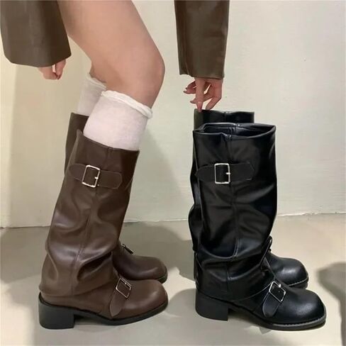 Punk Woman Boots Knee High Platform Chunky Heels Trend Punk Gothic Rock Leather Fashion Women's Shoes Motorcycle Footwear in Saudi Arabia