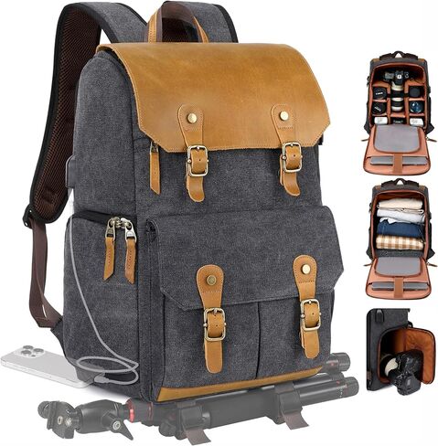 Padwa Lifestyle Khaki Canvas Camera Backpack - Large Camera Bag,Multi DSLR & UAV Professional Camera Backpacks with 16" Laptop & Lens Compartment and Tripod Holder for Photographers in Kuwait