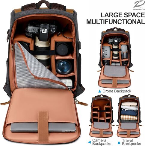 Padwa Lifestyle Khaki Canvas Camera Backpack - Large Camera Bag,Multi DSLR & UAV Professional Camera Backpacks with 16" Laptop & Lens Compartment and Tripod Holder for Photographers in Kuwait