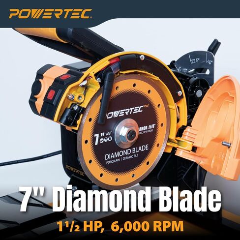 منشار بلاط رطب POWERTEC PRO مقاس 7 بوصة مع حامل - 10 أمبير، 1.5 حصان قاطع بلاط مع ضوء ليزر وإضاءة LED، لقطع السيراميك والبورسلين الدقيقة (TLS1003) in Saudi Arabia