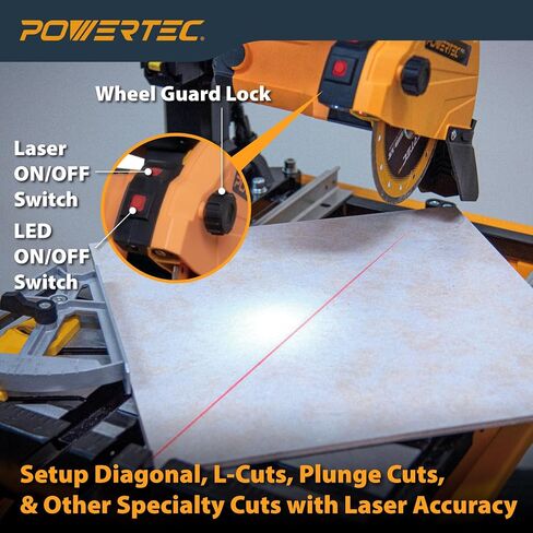 منشار بلاط رطب POWERTEC PRO مقاس 7 بوصة مع حامل - 10 أمبير، 1.5 حصان قاطع بلاط مع ضوء ليزر وإضاءة LED، لقطع السيراميك والبورسلين الدقيقة (TLS1003) in Saudi Arabia
