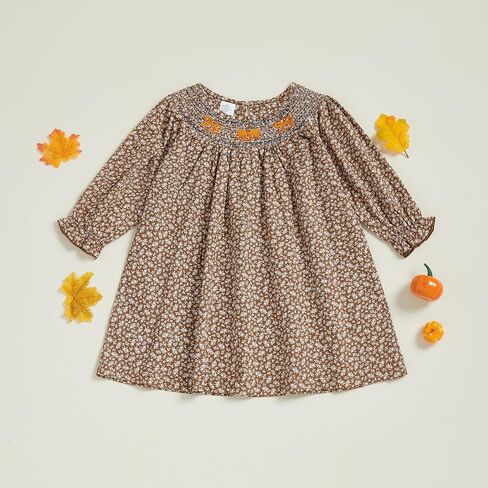 Little Toddler Girl Fall Outfit Floral Pattern Bow Long Sleeve Dress Smocked Bubble Baby Clothes in Saudi Arabia