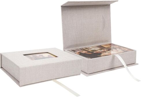 Linen Photo Keeper Box 5x7 in, Clear Window Beige | Magnetic closure storage, holds 5x7 photos, memory keepsake for wedding baby gift, sturdy organizer in Saudi Arabia