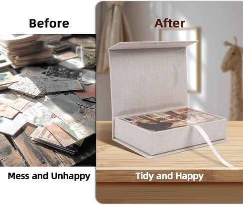 Linen Photo Keeper Box 5x7 in, Clear Window Beige | Magnetic closure storage, holds 5x7 photos, memory keepsake for wedding baby gift, sturdy organizer in Saudi Arabia