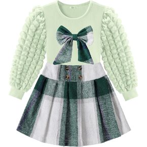 Toddler Girl Clothes Puff Long Sleeve Knit Top and Plaid Skort Set with Bowknot 2PC Girls Fall Outfits 2-8 Years in Saudi Arabia