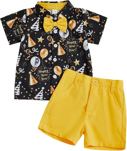 Toddler Baby Boy New Year Outfit Balloon Firework Print Button Up Short Sleeve Bowtie Shirt Top Shorts Set in Saudi Arabia