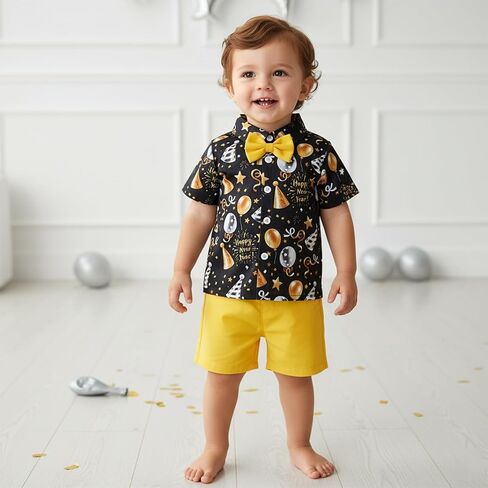 Toddler Baby Boy New Year Outfit Balloon Firework Print Button Up Short Sleeve Bowtie Shirt Top Shorts Set in Saudi Arabia
