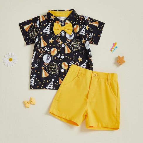 Toddler Baby Boy New Year Outfit Balloon Firework Print Button Up Short Sleeve Bowtie Shirt Top Shorts Set in Saudi Arabia