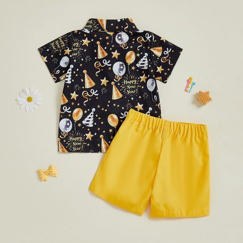 Toddler Baby Boy New Year Outfit Balloon Firework Print Button Up Short Sleeve Bowtie Shirt Top Shorts Set in Saudi Arabia