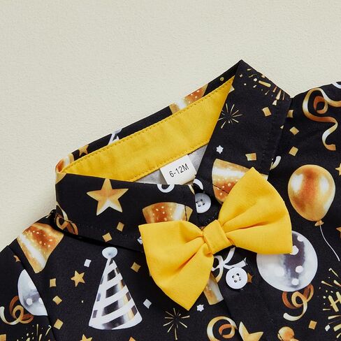 Toddler Baby Boy New Year Outfit Balloon Firework Print Button Up Short Sleeve Bowtie Shirt Top Shorts Set in Saudi Arabia