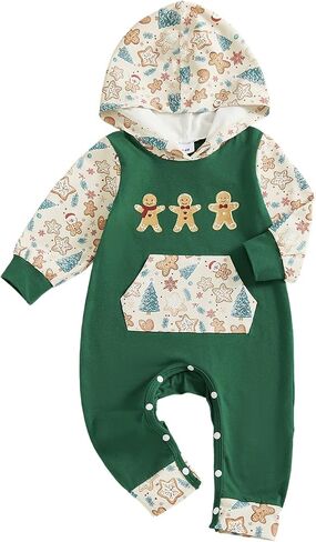 Karuedoo My First Christmas Baby Boy Outfit Newborn Letter Gingerbread Long Sleeve Hooded Romper Jumpsuit Cute Winter Clothes in Saudi Arabia