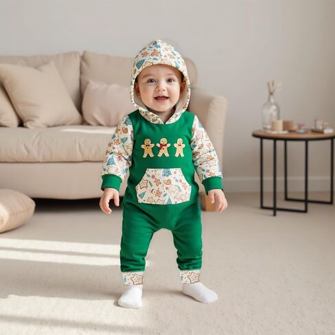 Karuedoo My First Christmas Baby Boy Outfit Newborn Letter Gingerbread Long Sleeve Hooded Romper Jumpsuit Cute Winter Clothes in Saudi Arabia
