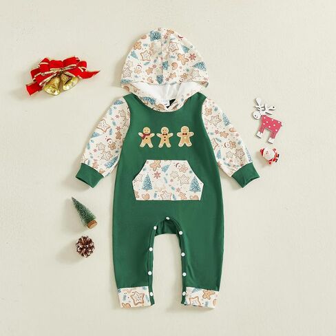 Karuedoo My First Christmas Baby Boy Outfit Newborn Letter Gingerbread Long Sleeve Hooded Romper Jumpsuit Cute Winter Clothes in Saudi Arabia
