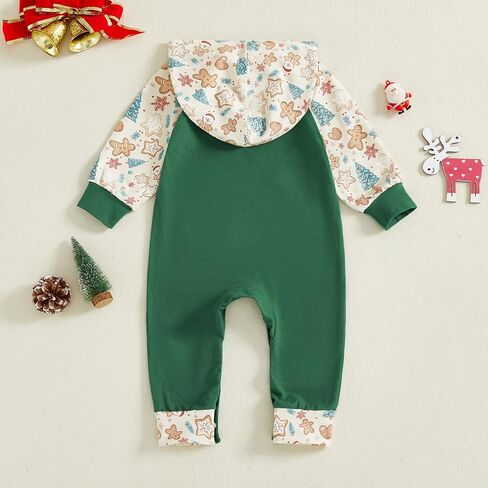 Karuedoo My First Christmas Baby Boy Outfit Newborn Letter Gingerbread Long Sleeve Hooded Romper Jumpsuit Cute Winter Clothes in Saudi Arabia