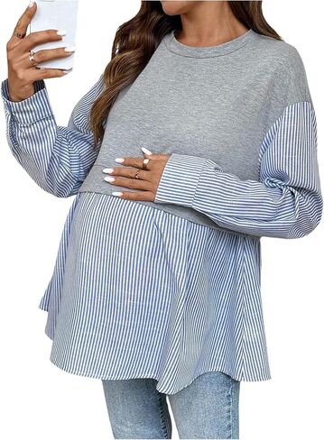 MakeMeChic Women's Going Out Striped Maternity T Shirt Crew Neck Long Sleeve Pregnancy Tops in Saudi Arabia