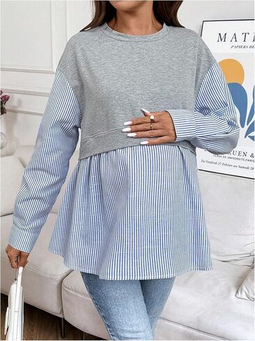 MakeMeChic Women's Going Out Striped Maternity T Shirt Crew Neck Long Sleeve Pregnancy Tops in Saudi Arabia