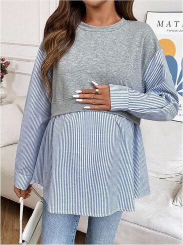 MakeMeChic Women's Going Out Striped Maternity T Shirt Crew Neck Long Sleeve Pregnancy Tops in Saudi Arabia