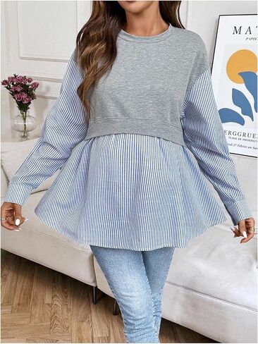 MakeMeChic Women's Going Out Striped Maternity T Shirt Crew Neck Long Sleeve Pregnancy Tops in Saudi Arabia