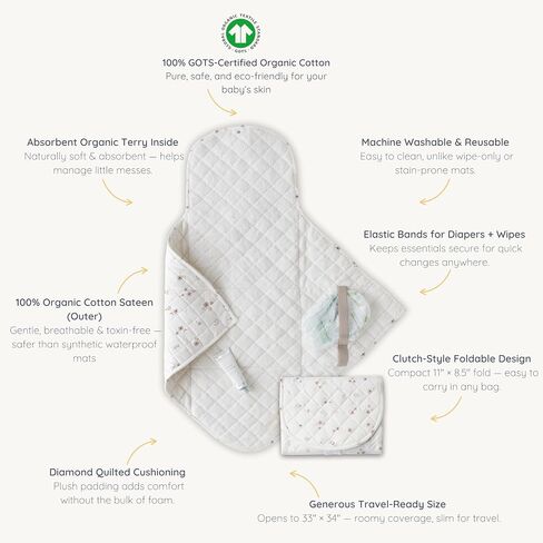 Makemake Organics Organic Portable Changing Pad GOTS Certified Organic Cotton Fill Portable Diaper Changing Mat Diaper Clutch Changing Station Kit Compact Travel Pad (33"x34", Safari) in Saudi Arabia
