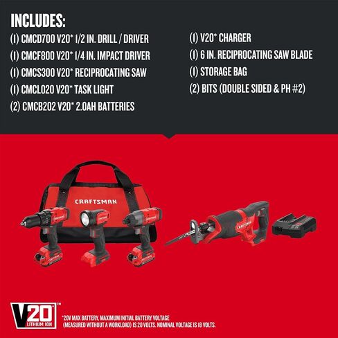 CRAFTSMAN V20 Cordless 4-Tool Power Tool Combo Kit with 2 Batteries and Charger (CMCK400D2) in Saudi Arabia