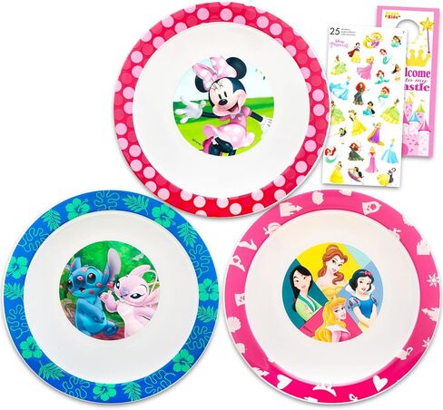 Disney Dinnerware Set for Girls - 3 Pc Kitchen Accessories Bundle with 6.5" Stitch, Princess, Minnie Mouse Bowls Plus Stickers, More | Disney Bowls for Girls, Kids, Toddlers in Saudi Arabia